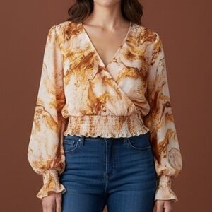 No COMMENT Marble Surplice Balloon Sleeve Smocked Waist Blouse XL